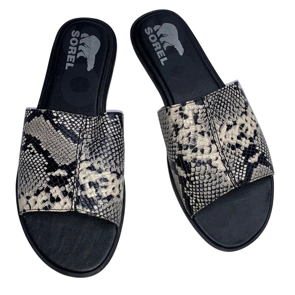 Sorel Women’s Ella II Block Slide Sandals for Black Snake Pattern S-024 Sz 8